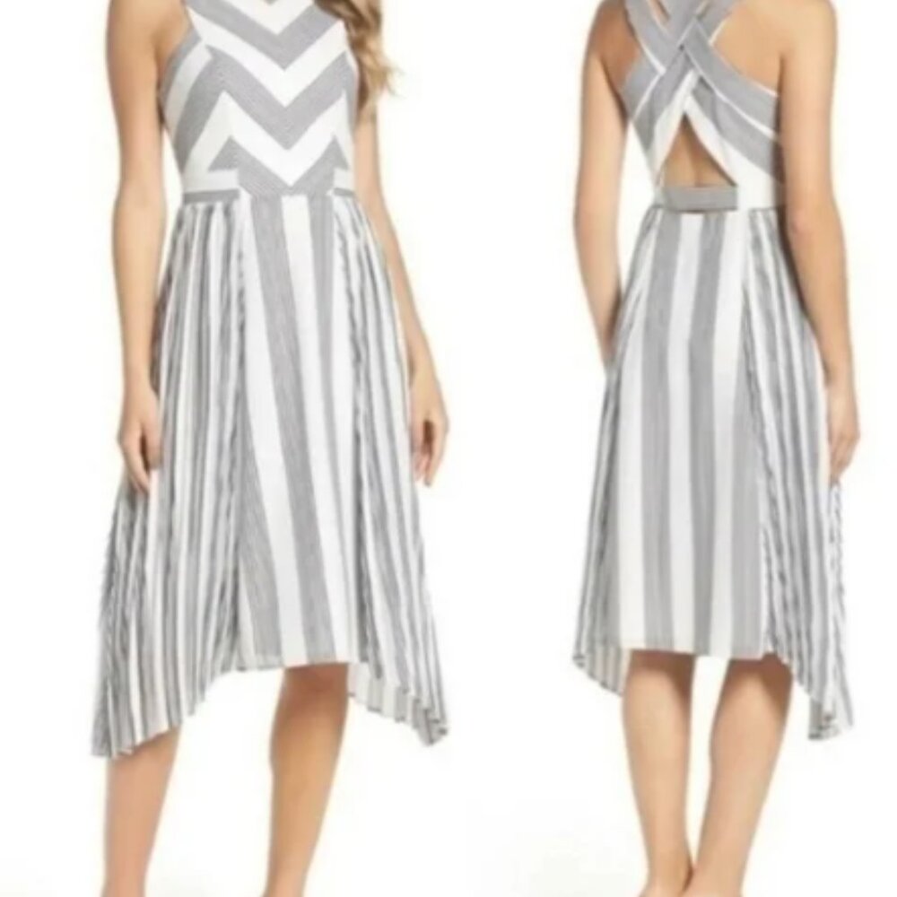 Anthropologie Adelyn Rae black and white chevron asymmetrical midi dress